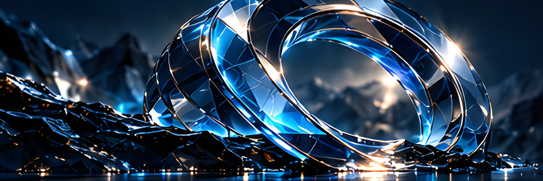 Crystal glass rings resting on dark rocks