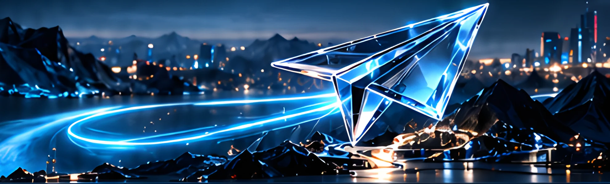 Glass paper plane flying over a glowing night landscape