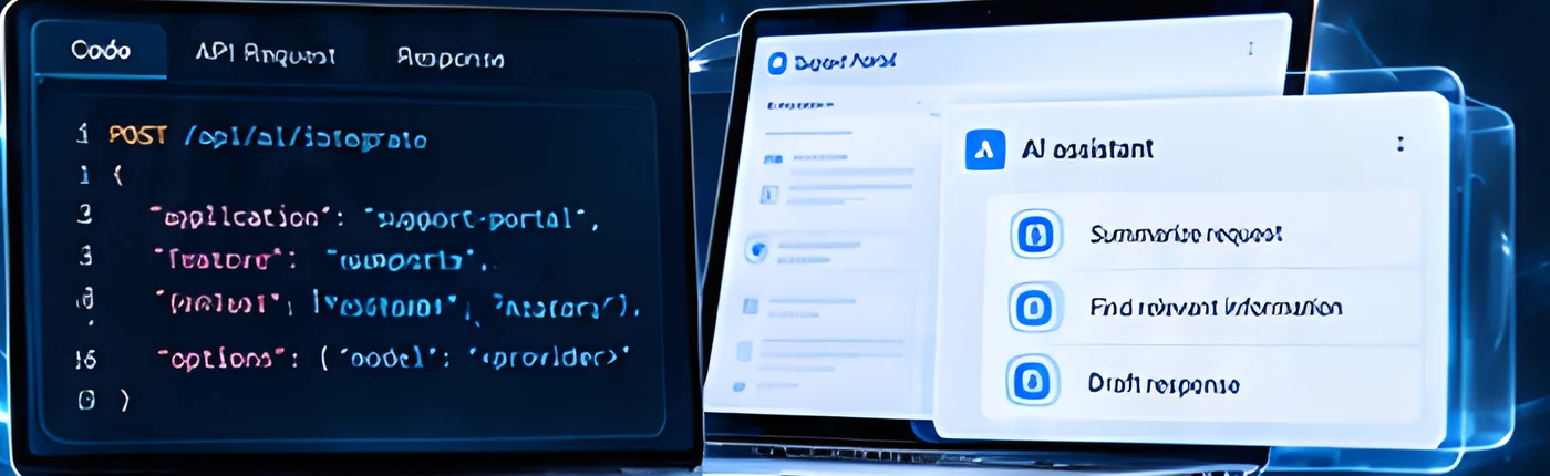 API request code and a support portal with an AI assistant