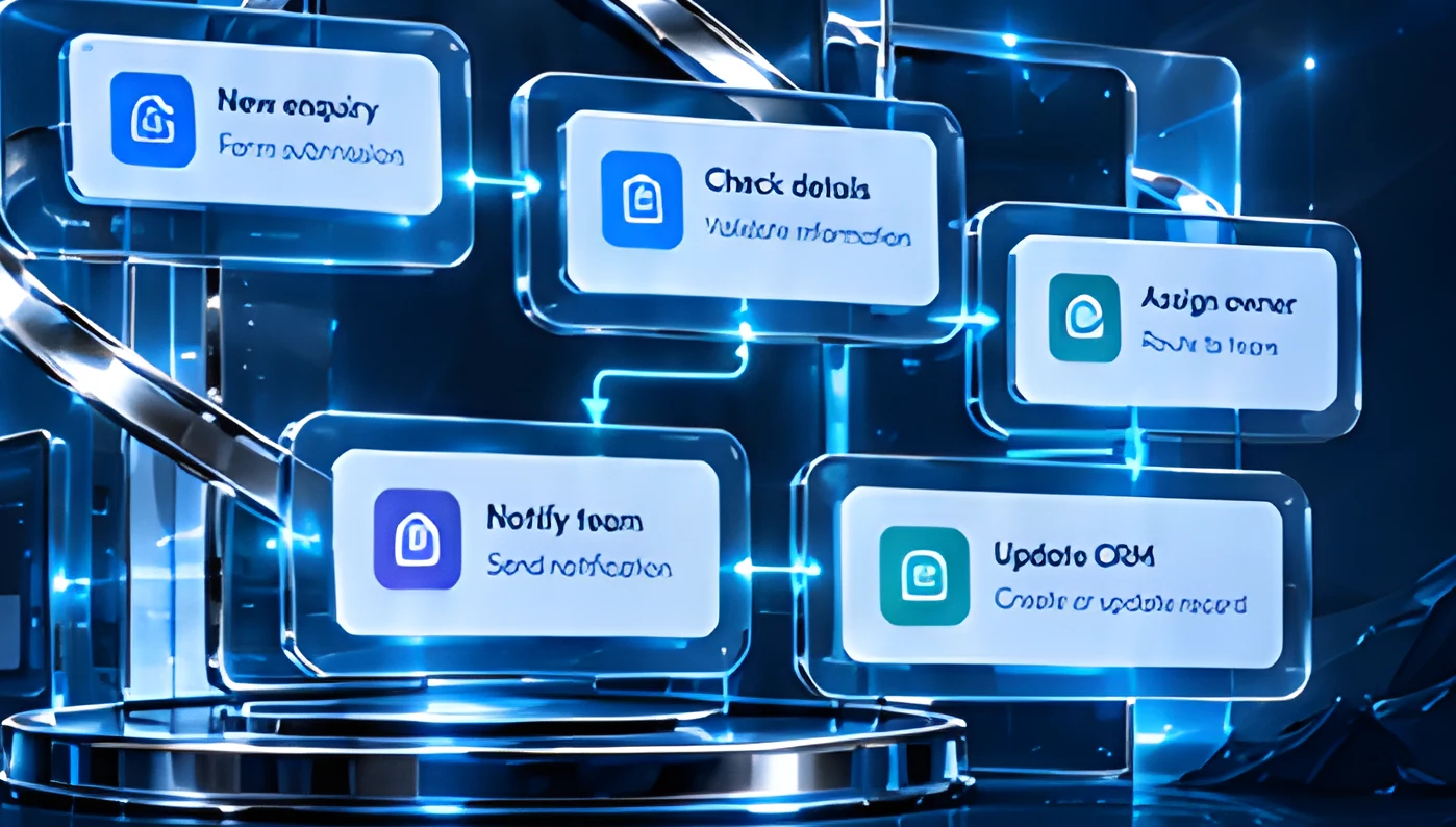 Floating workflow cards linked by glowing lines above a glass platform