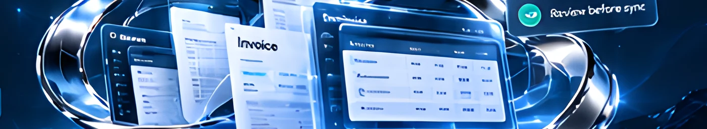 Glass document panels inside glowing rings with a Review before sync chip