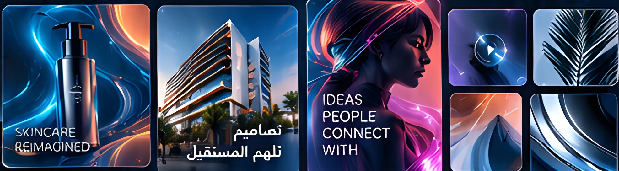 Collage of premium skincare, architecture and portrait designs in English and Arabic