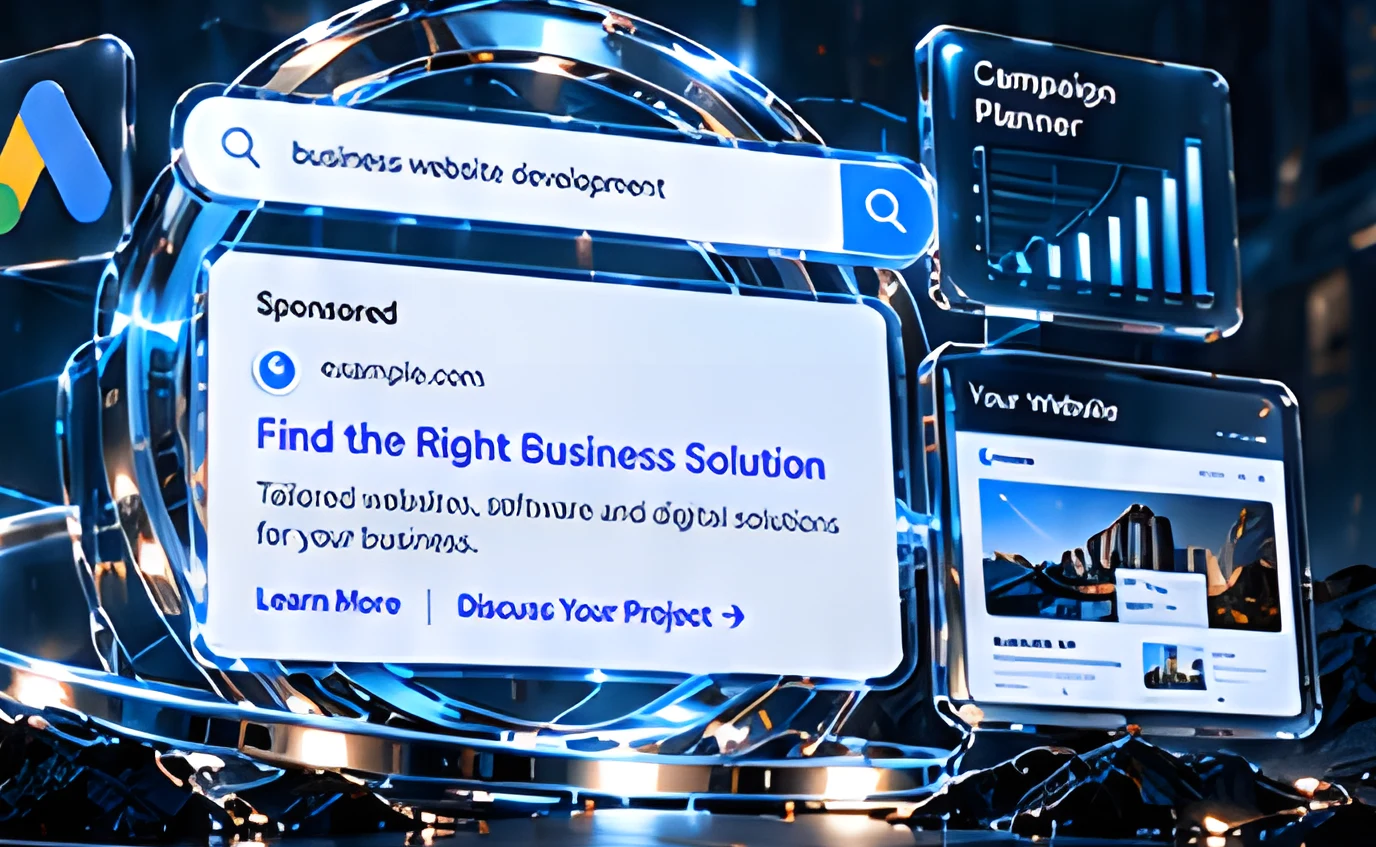 Google search bar, sponsored ad, campaign planner chart and website card inside glowing rings