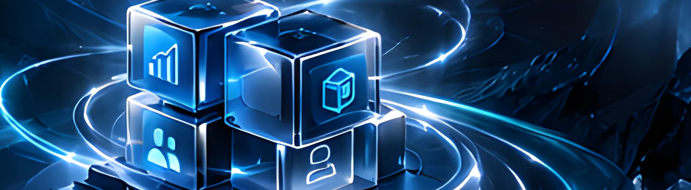 Glass cubes with chart, inventory, team and user icons inside glowing rings