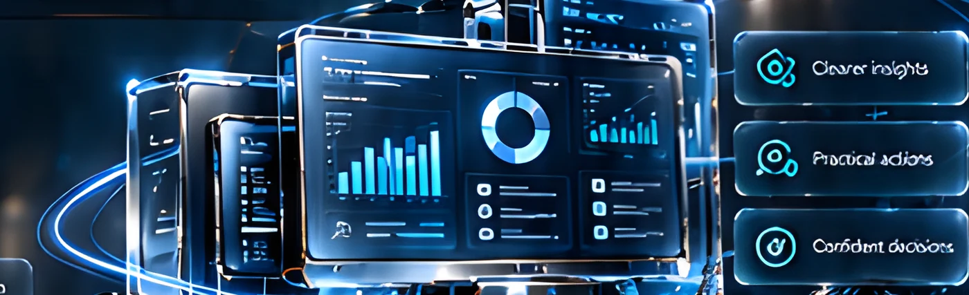 Glass dashboard with charts, insights and next steps