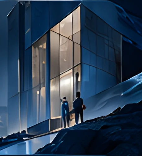 Glass corporate building at dusk
