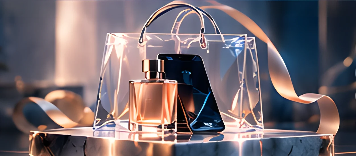 Perfume bottle and phone inside a glass shopping bag on a podium