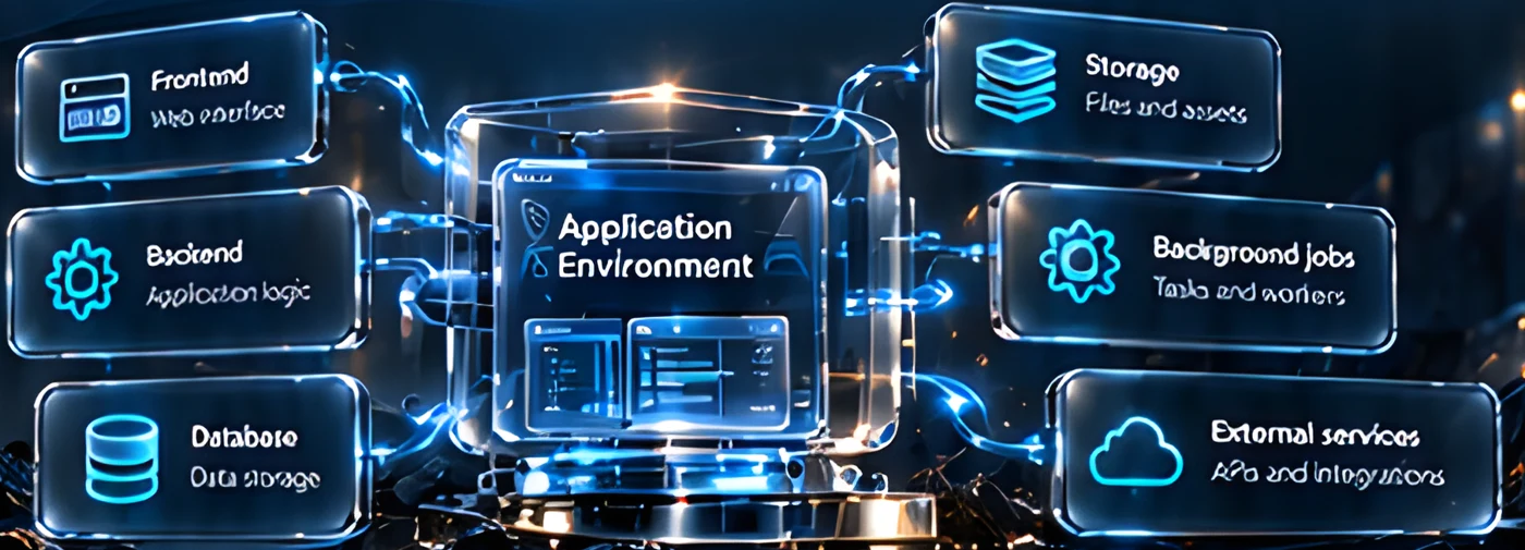 Application environment connected to frontend, backend, database, storage, background jobs and external services