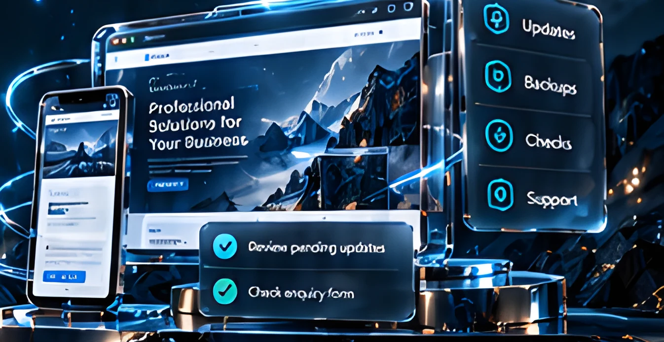 Phone and tablet showing a business website with Updates, Backups, Checks and Support panels