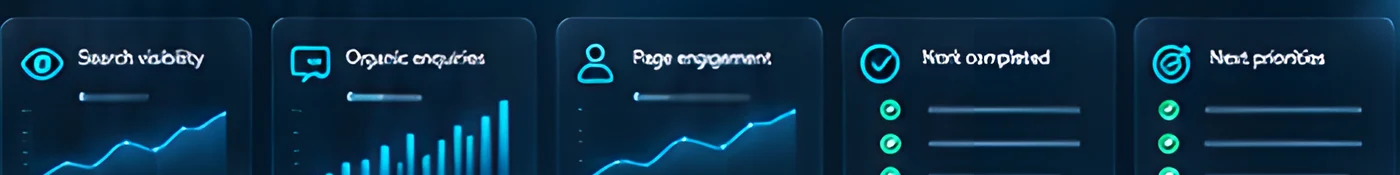Reporting tiles: search visibility, organic enquiries, page engagement, work completed, next priorities