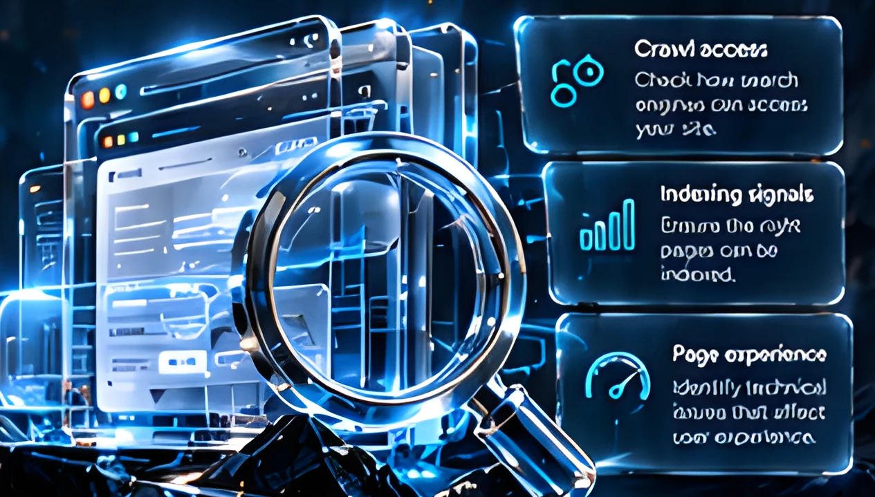 Glass website panels with a magnifying glass and crawl access, indexing signals and page experience cards