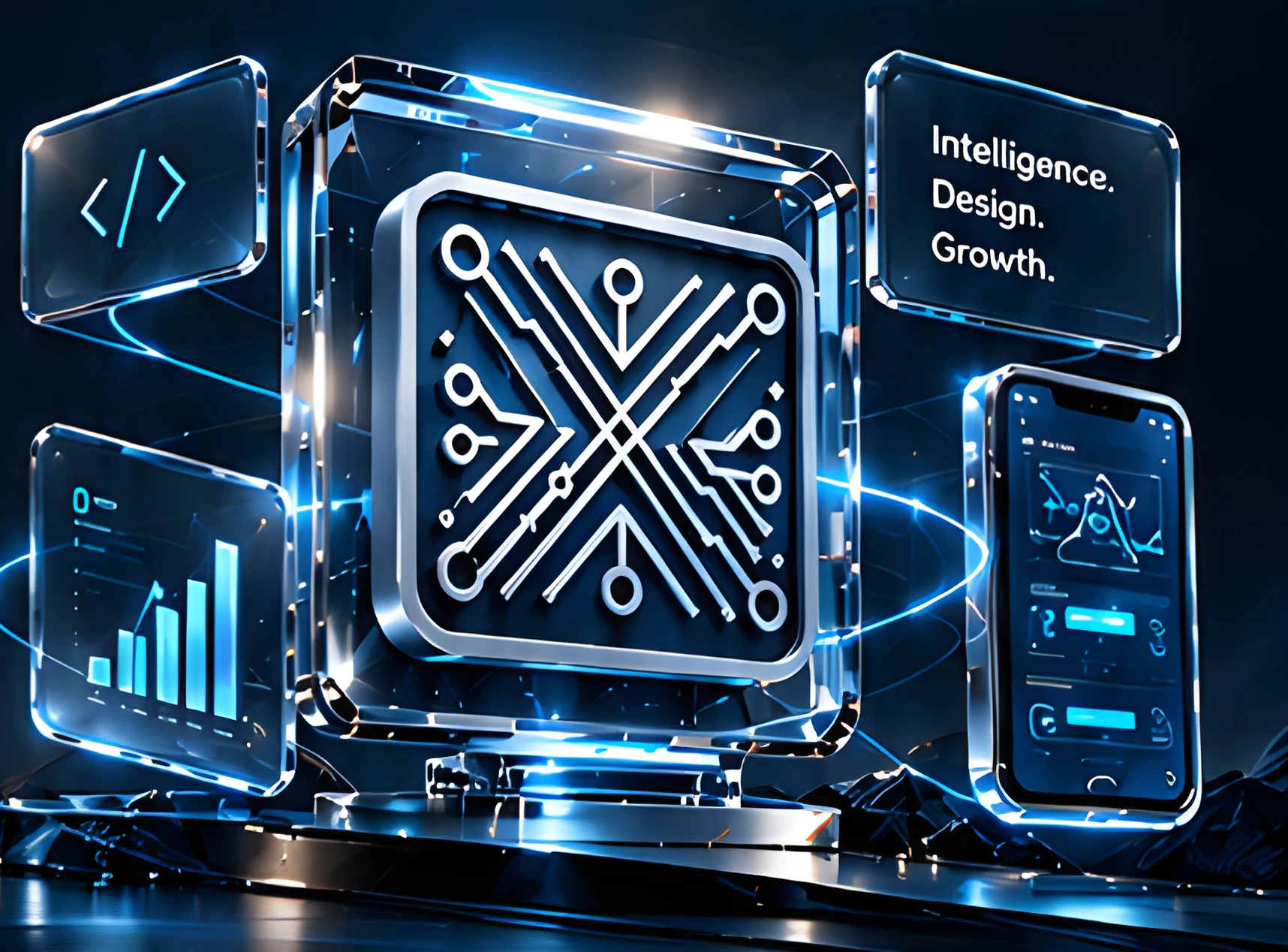 Glass cube with the Xiosol circuit mark surrounded by code, chart and mobile app panels