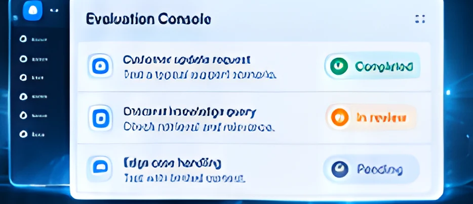 Evaluation console showing completed, in review and pending test cases