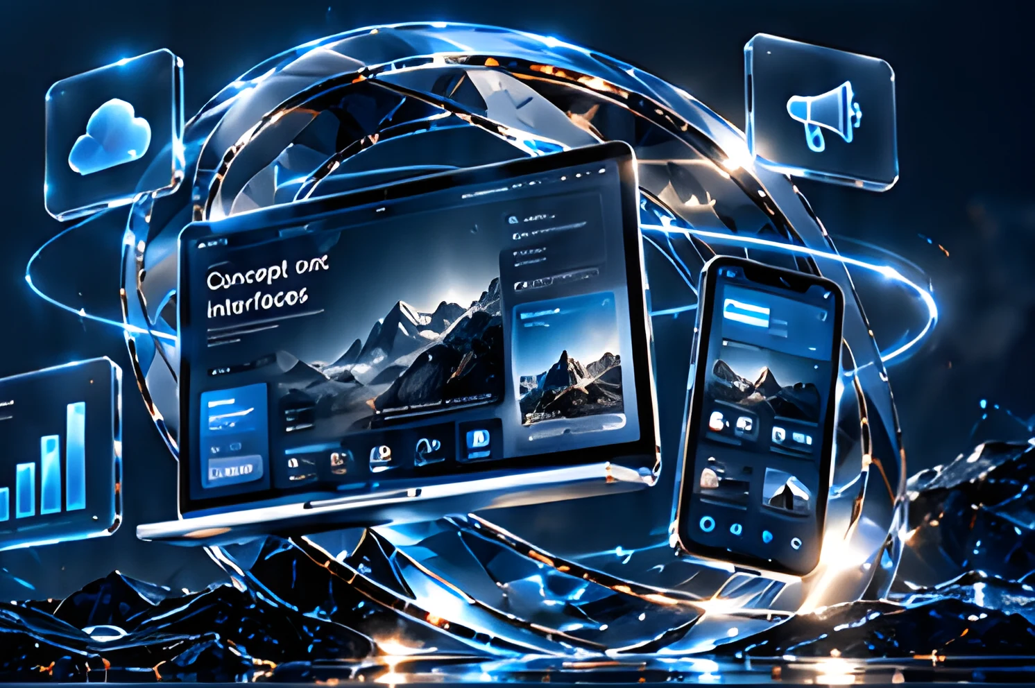 Laptop, phone and growth tiles encircled by glass rings above dark mountains