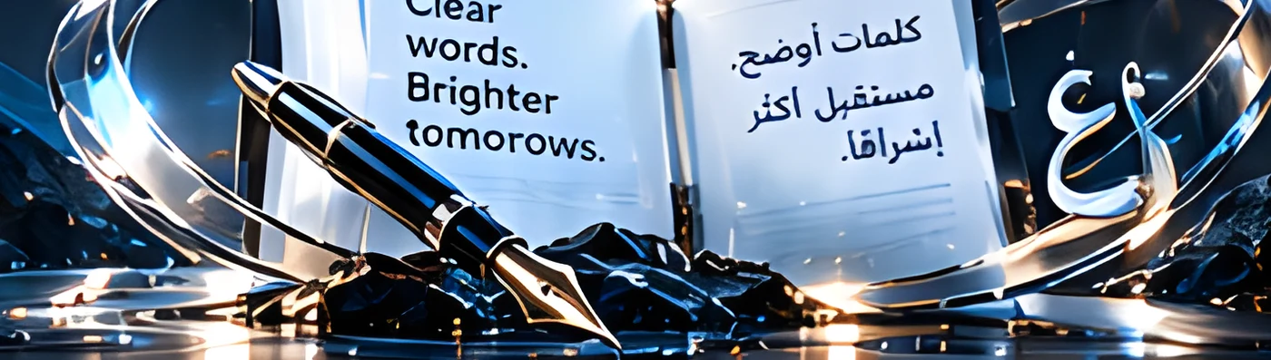 Open book with English and Arabic pages and a fountain pen