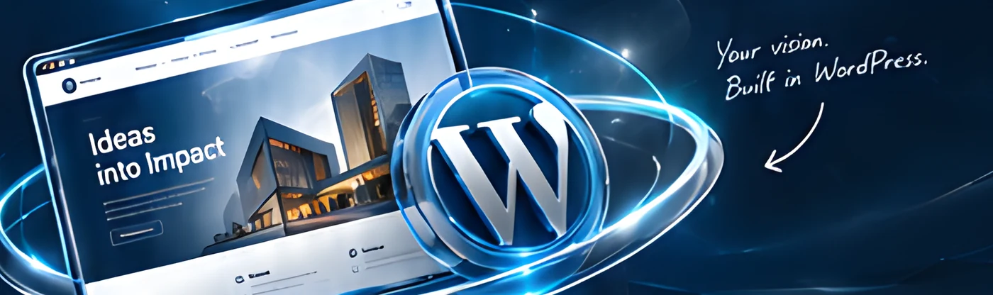 WordPress logo and laptop showing a website with the note Your vision, built in WordPress