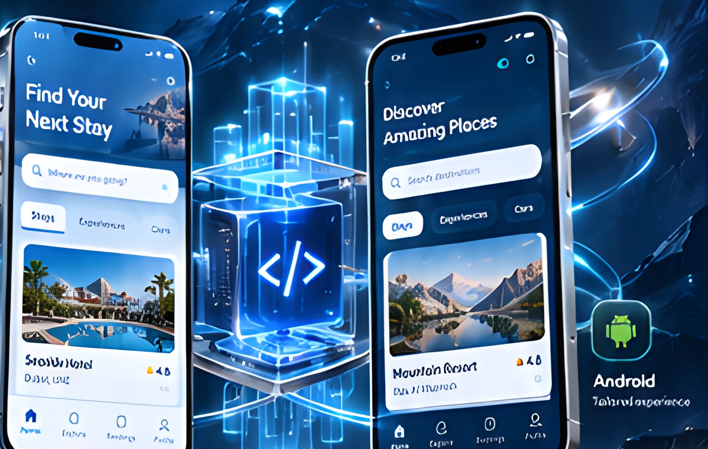 Two phones showing travel app screens around a glowing code cube, tailored for iOS and Android