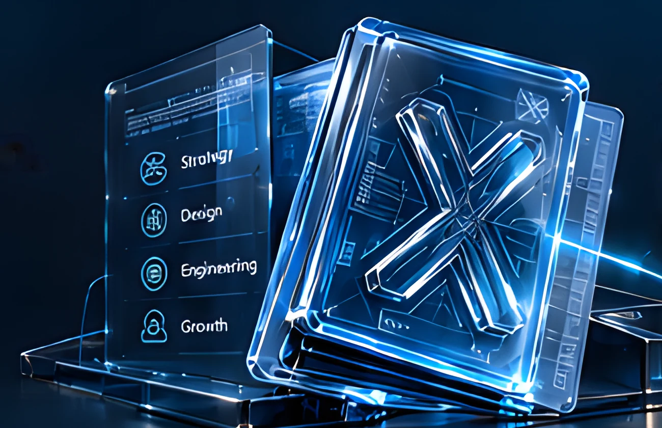 Glass tablet showing the X mark with strategy, design, engineering and growth
