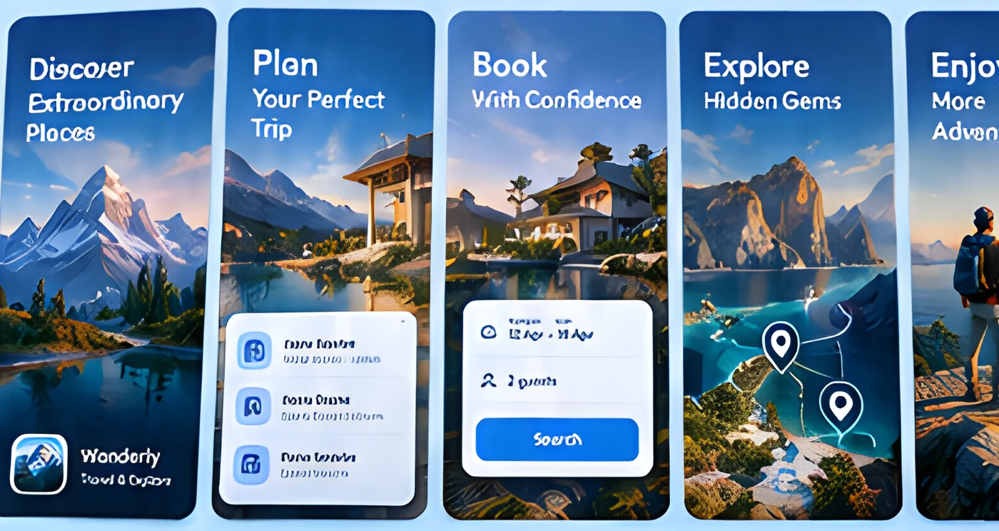 Five app store screenshot concepts: discover, plan, book, explore, enjoy