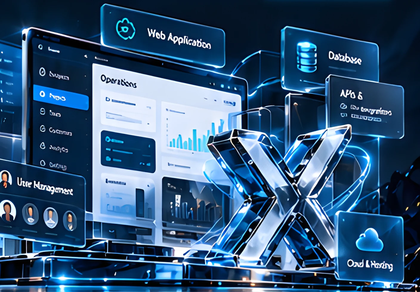 Glass web application, database, API and cloud tiles around a large glowing X