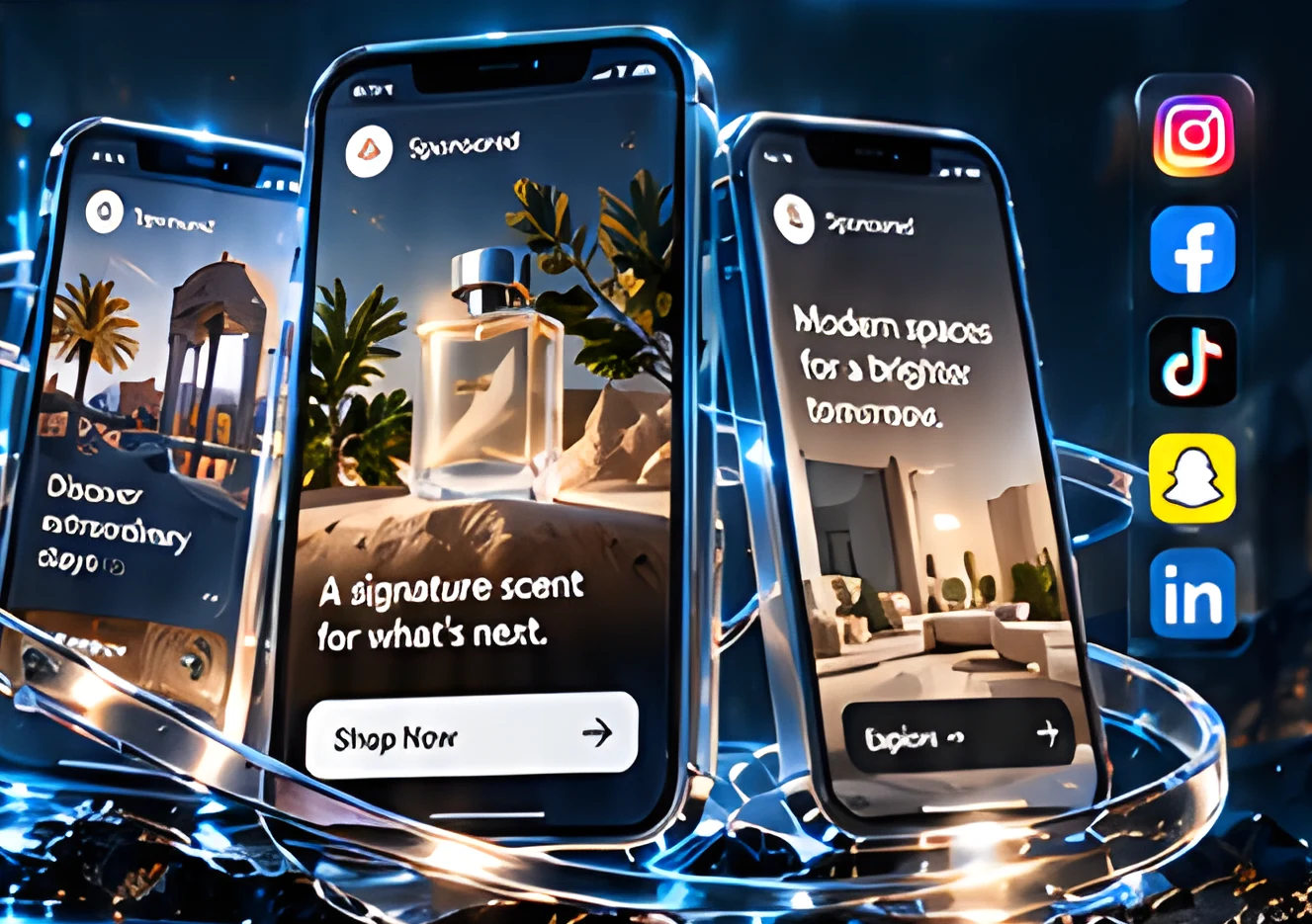 Three phones showing sponsored perfume and travel ads inside glowing rings with social platform icons