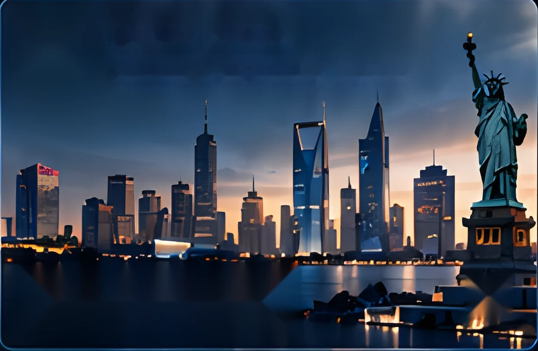 New York skyline and Statue of Liberty at dusk