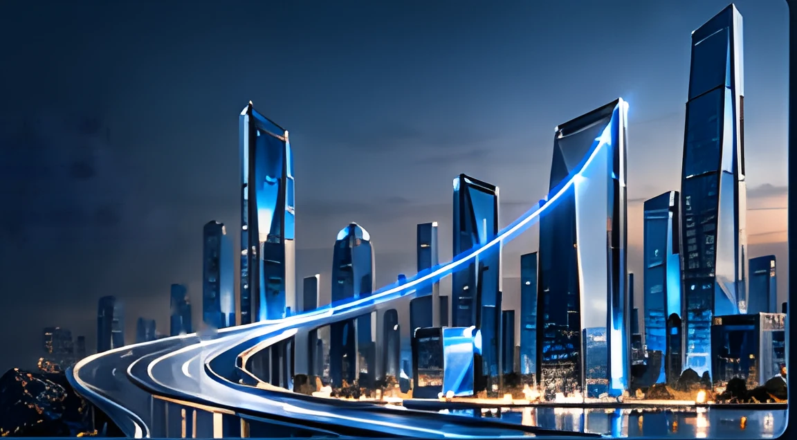 Illuminated city skyline at night beside a glowing highway