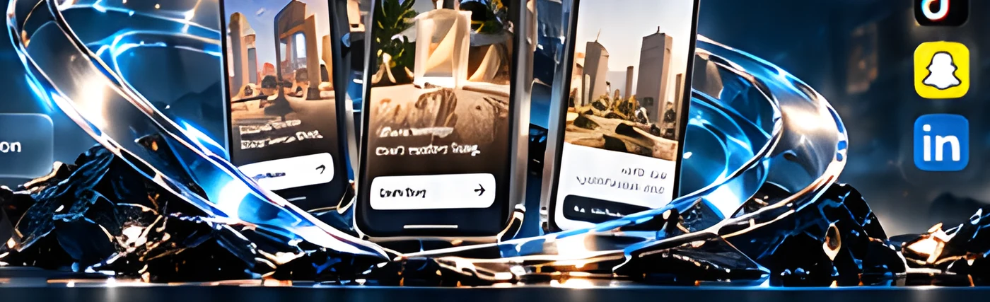 Phones with sponsored ads inside glowing rings and social icons