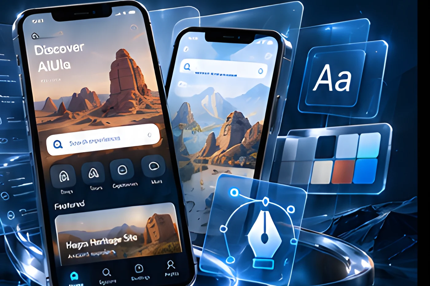 Travel app screens with typography, colour palette and pen-tool design elements