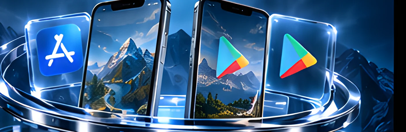 Two phones between App Store and Google Play tiles on a glowing ring