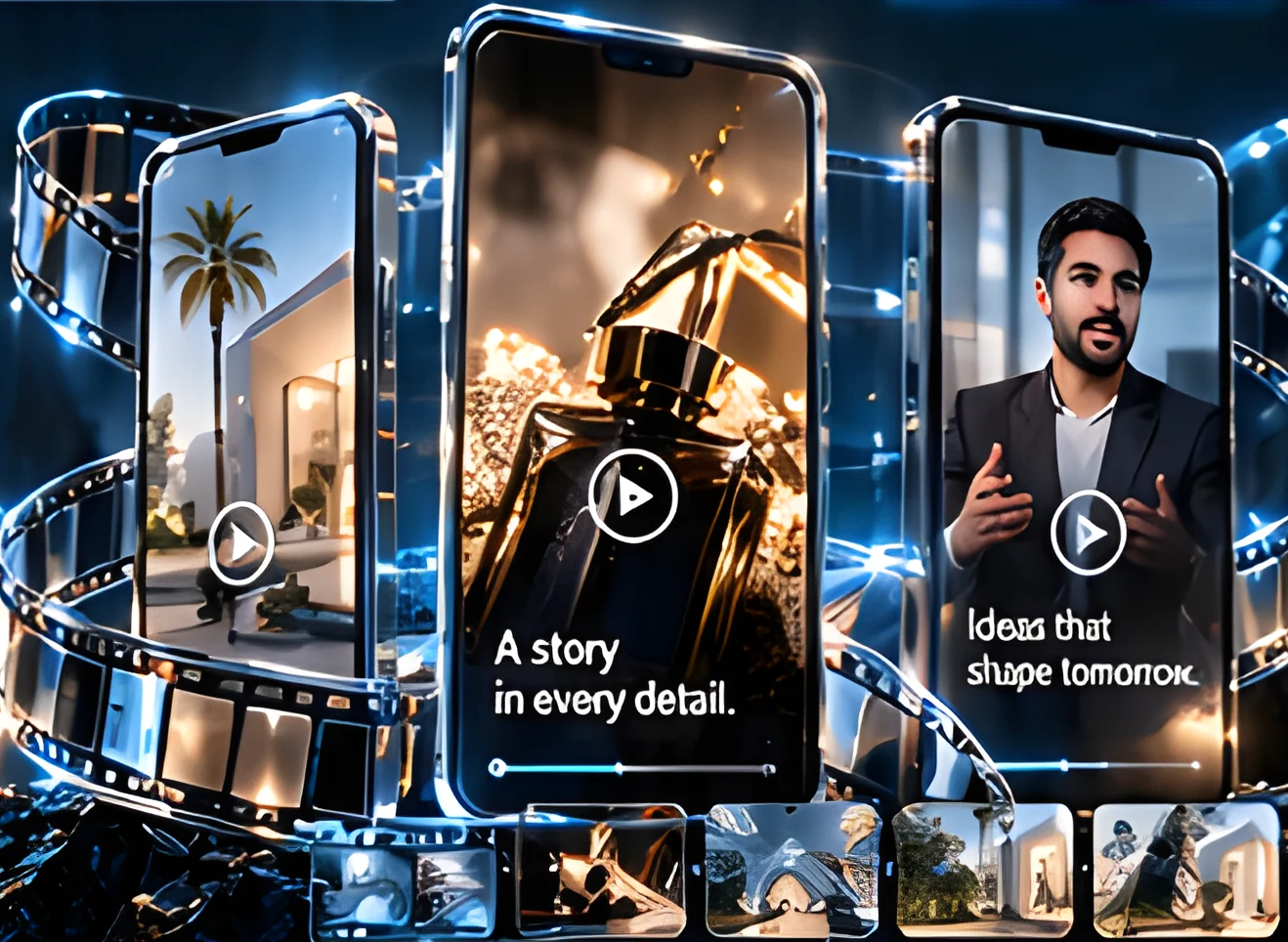 Three vertical video screens wrapped in a glass film strip