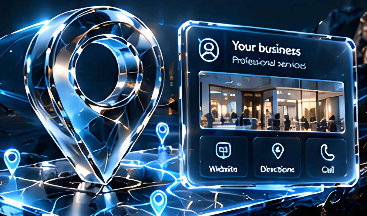 Glass map pin and a Your business profile card with website, directions and call actions