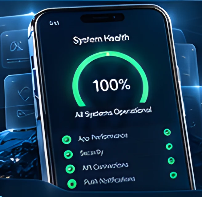 Phone showing a system health dashboard at 100 percent