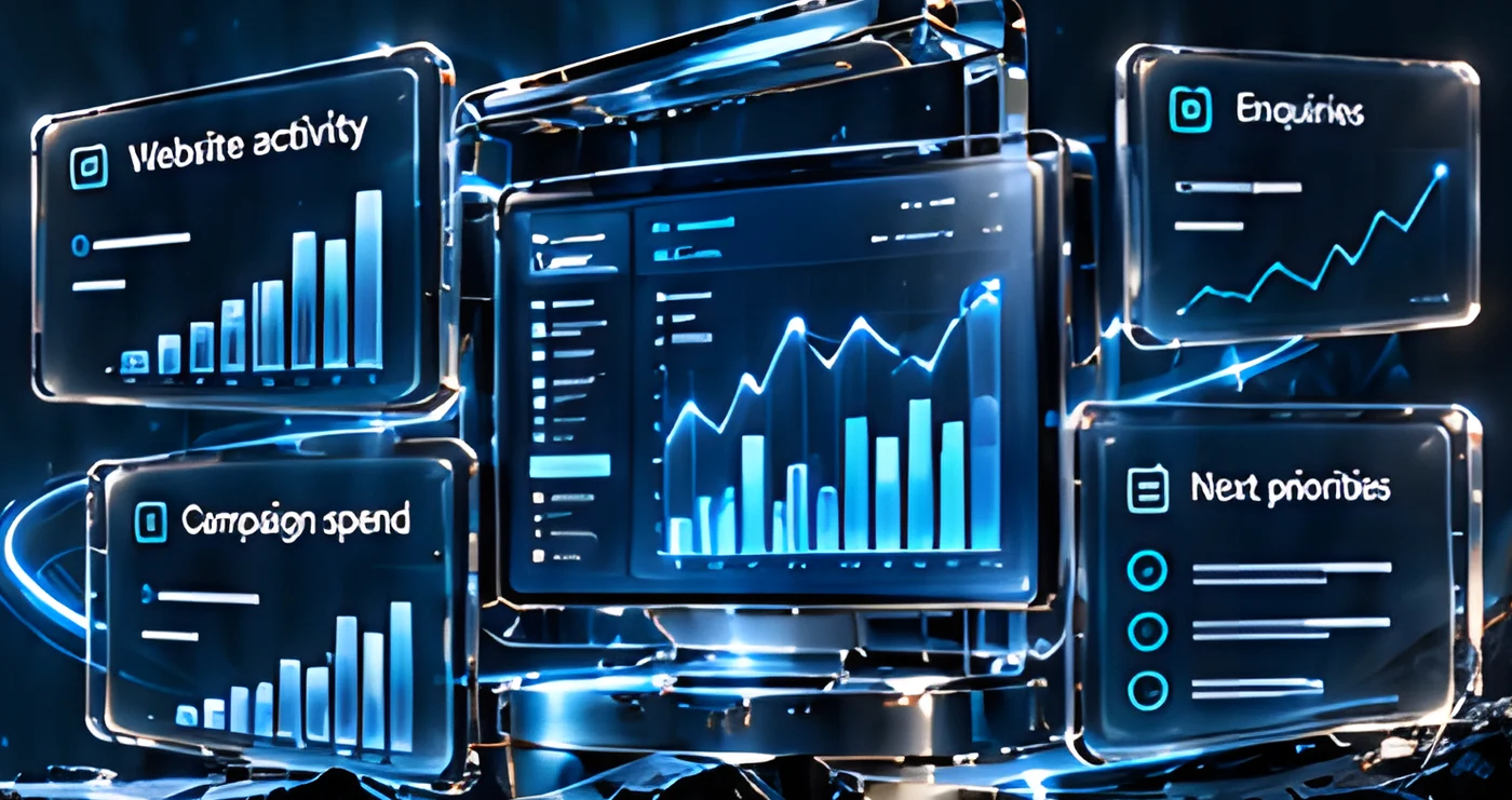 Glass dashboards showing website activity, campaign spend, enquiries and next priorities