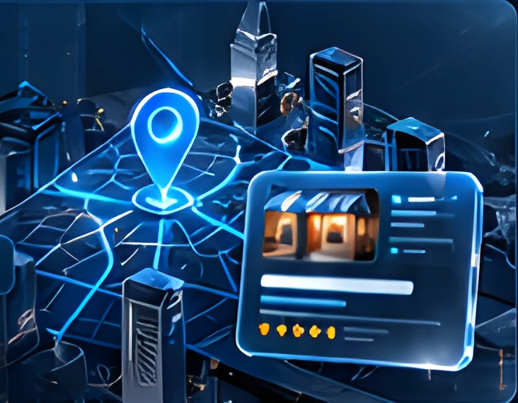 Glowing city map with a location pin and business card