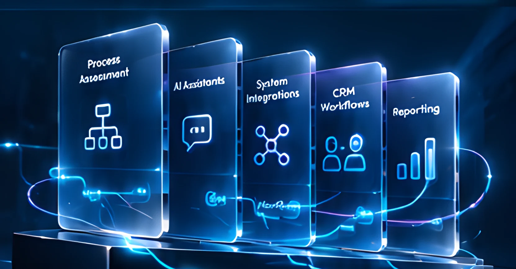 Glass panels for process assessment, AI assistants, system integrations, CRM workflows and reporting on a glowing platform