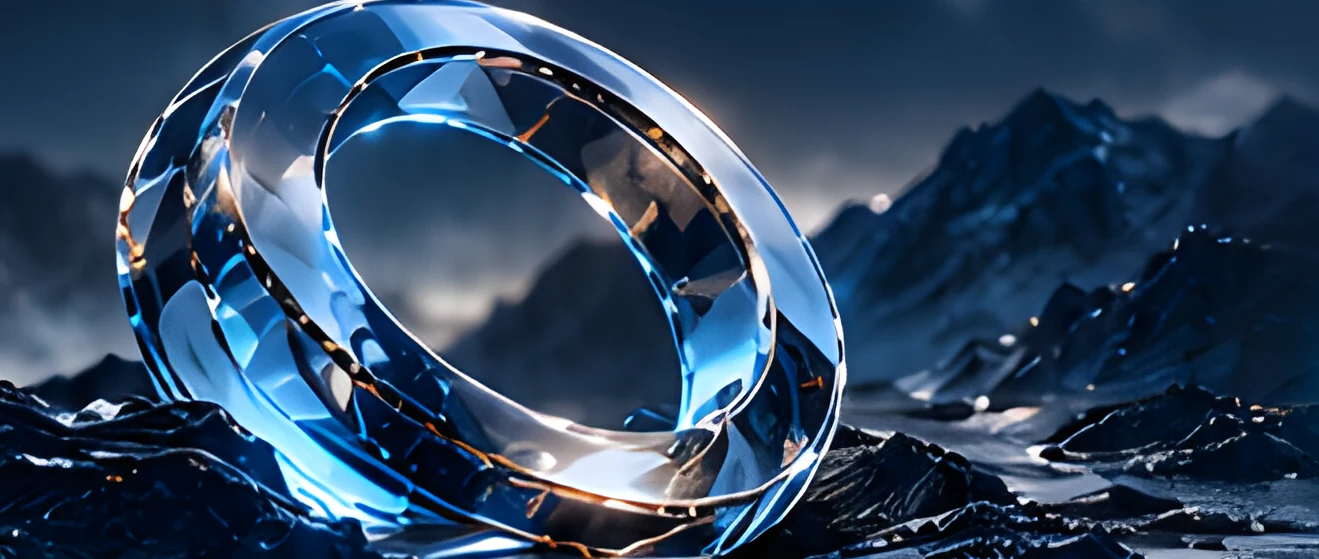 Crystal glass rings resting on dark rocks