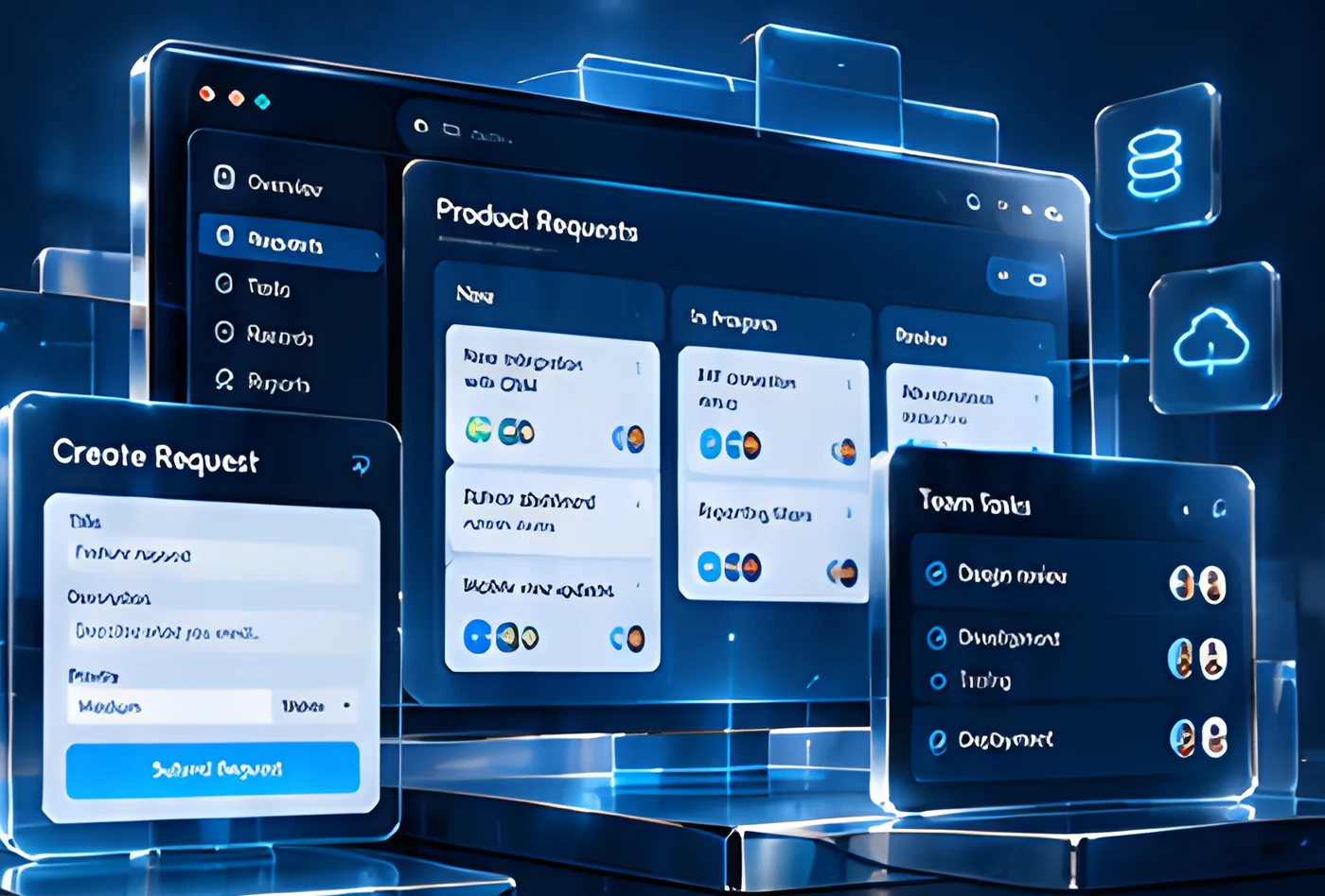 Stack of glass web application windows: product requests board, create request form and team tasks