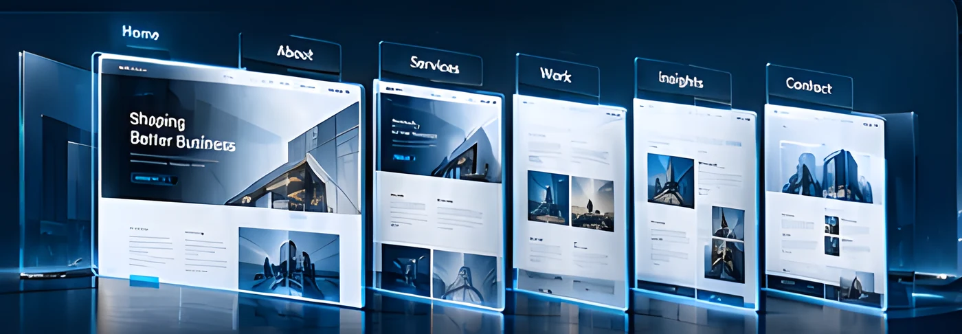 Home, About, Services, Work, Insights and Contact page layouts