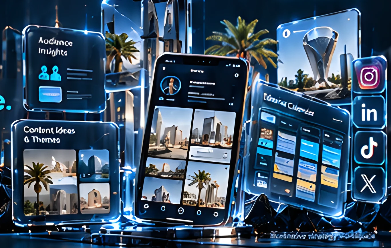 Glass strategy workspace with audience insights, content ideas, an editorial calendar and social icons