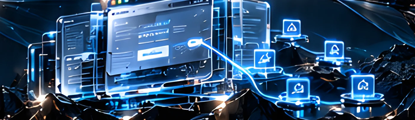 Glass website panels connected by glowing lines over a mountain ridge