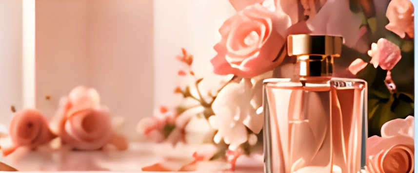 Rose petals around a perfume bottle