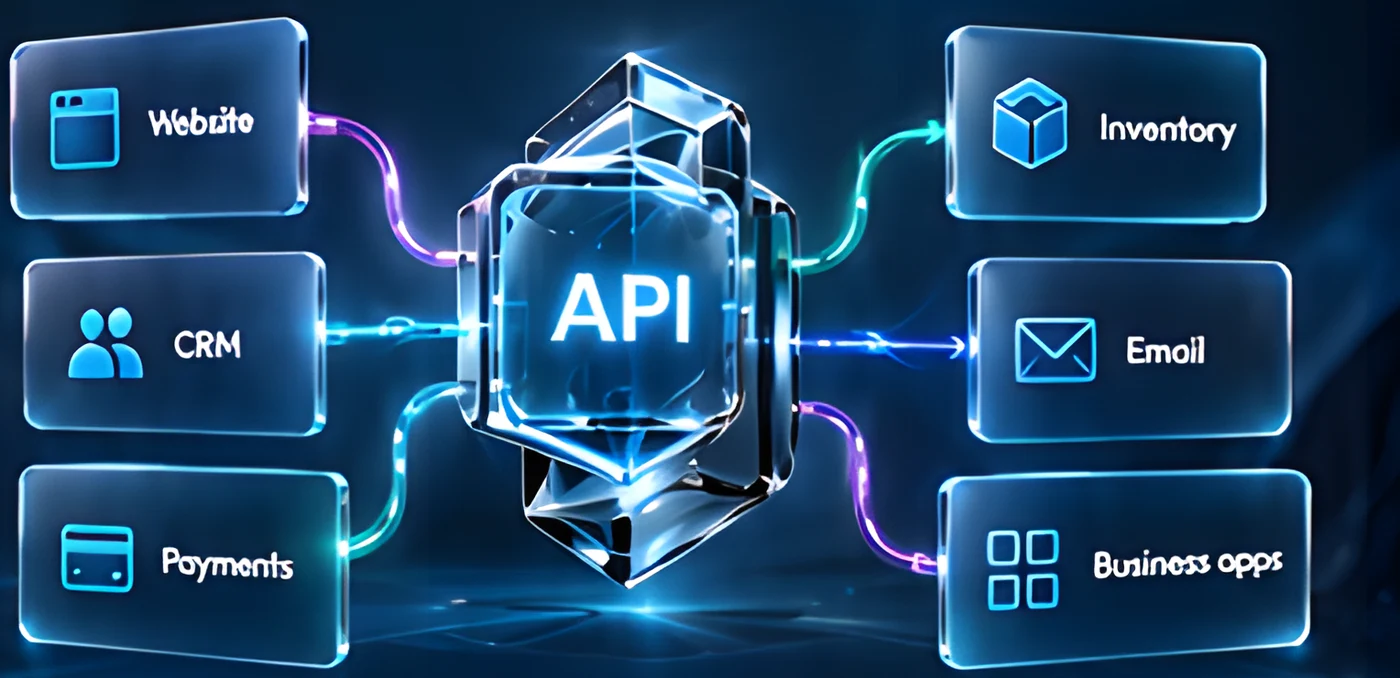 Website, CRM, payments, inventory, email and business apps connected through a central API crystal