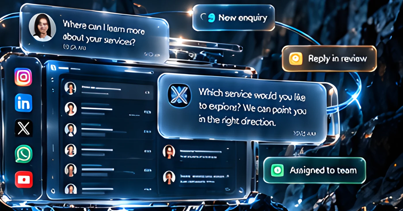 Glass community workspace with social channels, conversations and reply states