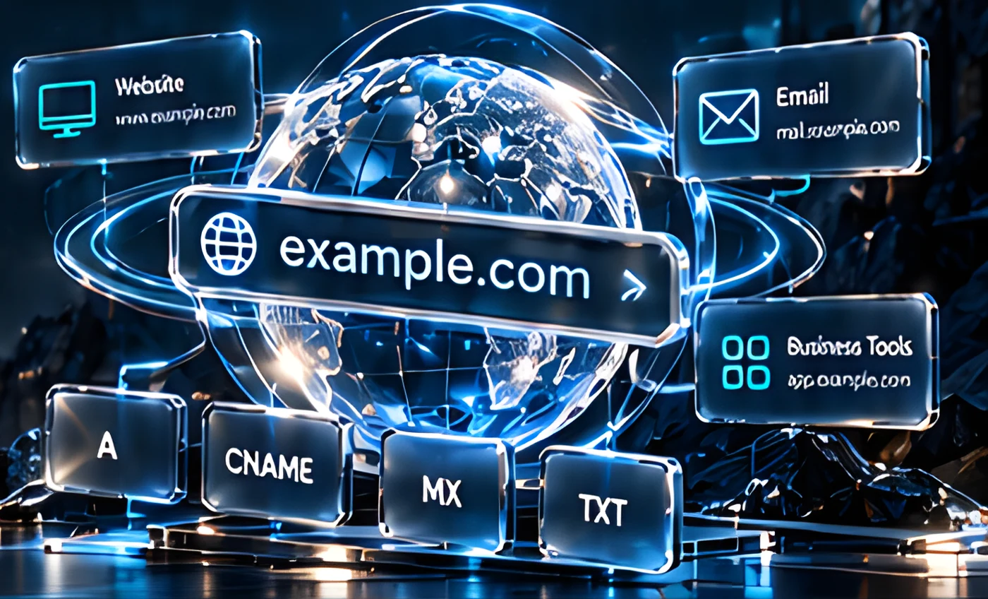 Glass globe labelled example.com connected to Website, Email, Business Tools and A, CNAME, MX, TXT records