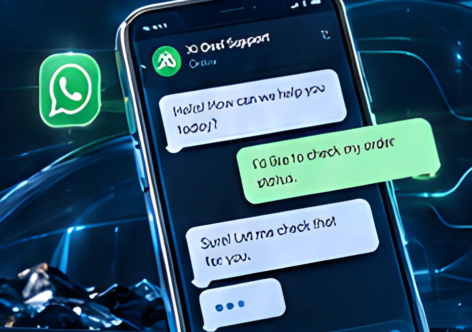 Phone showing a WhatsApp support conversation with an AI assistant