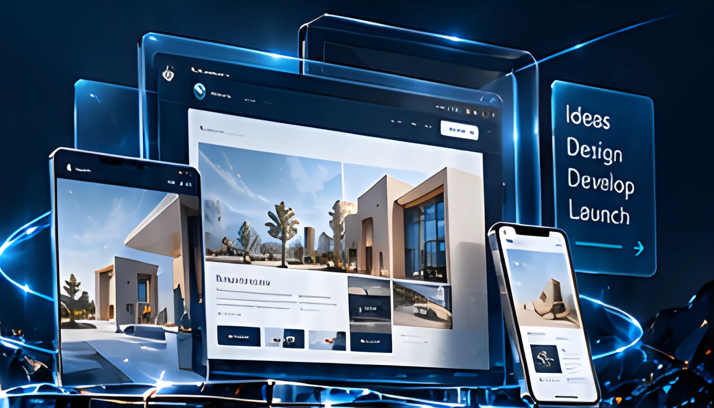 Floating desktop, tablet and phone website designs with an ideas, design, develop and launch card