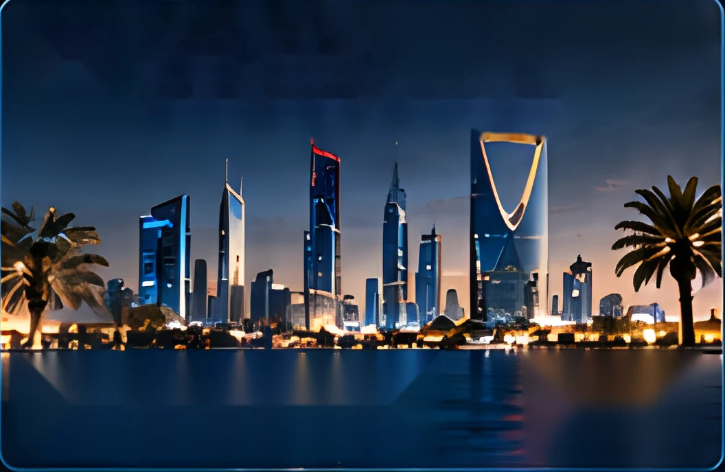 Riyadh skyline at night with palm trees