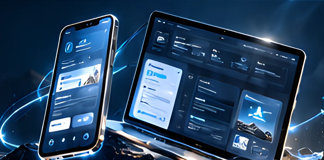 Phones and laptop showing app and platform interfaces