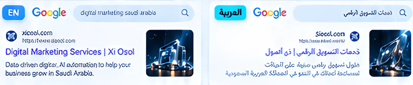 English and Arabic Google search results for a digital marketing business